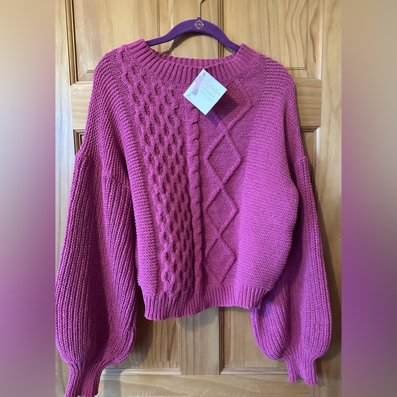 💙Boho Absolutely Beautiful Puff Long Sleeve Cable Sweater Top - Picture 7 of 7